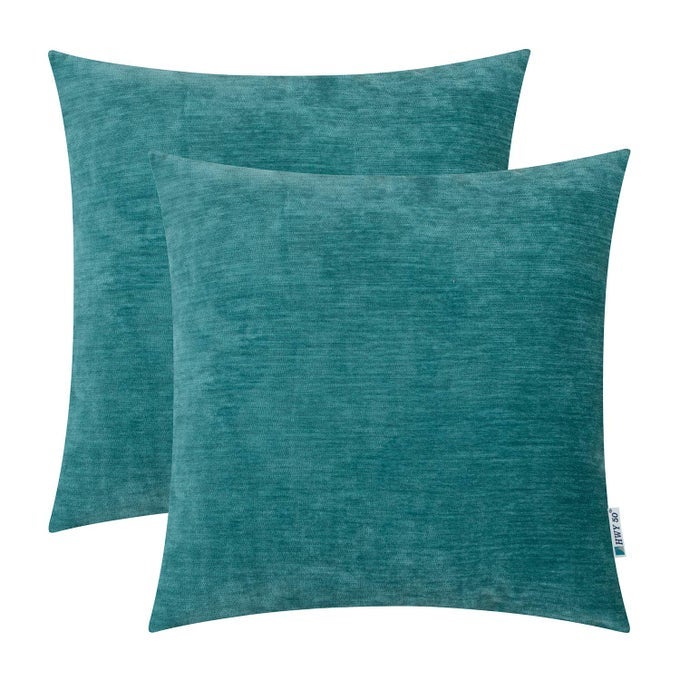 TEAL DECORATIVE THROW PILLOW COVERS SET 20X20 INCH FOR COUCH SOFA LIVING ROOM BED CHENILLE SOFT COMFY SOLID SQUARE THROW PILLOWS CASE CUSHION COVER PACK OF 2