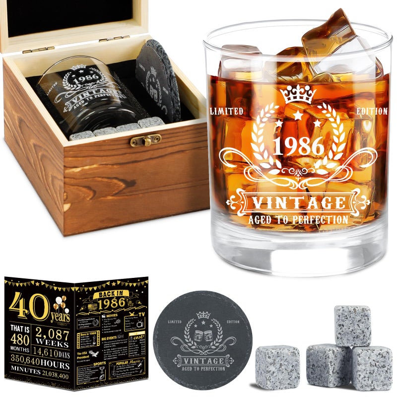 YeohJoy 40th Birthday Gifts for MenVintage 1986 Whiskey Glass SetWood Box Whiskey Stones 1986 Poster Anniversary Card CoasterBirthday Gifts Ideas for HimHusbandDad