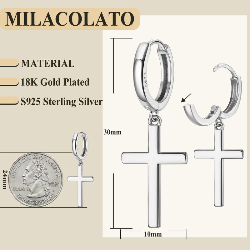 Milacolato S925 Sterling Silver Cross Hoop Earrings 18K White Gold Plated Minimalist Dangle Cross Huggie Cuff Earrings Hypoallergenic Lightweight Trendy Cross Hoop Earrings for Men Women - Image 5