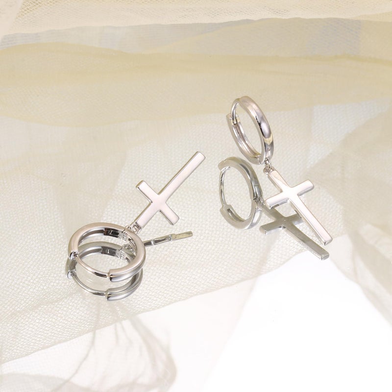 Milacolato S925 Sterling Silver Cross Hoop Earrings 18K White Gold Plated Minimalist Dangle Cross Huggie Cuff Earrings Hypoallergenic Lightweight Trendy Cross Hoop Earrings for Men Women - Image 4