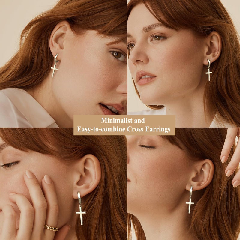 Milacolato S925 Sterling Silver Cross Hoop Earrings 18K White Gold Plated Minimalist Dangle Cross Huggie Cuff Earrings Hypoallergenic Lightweight Trendy Cross Hoop Earrings for Men Women - Image 3