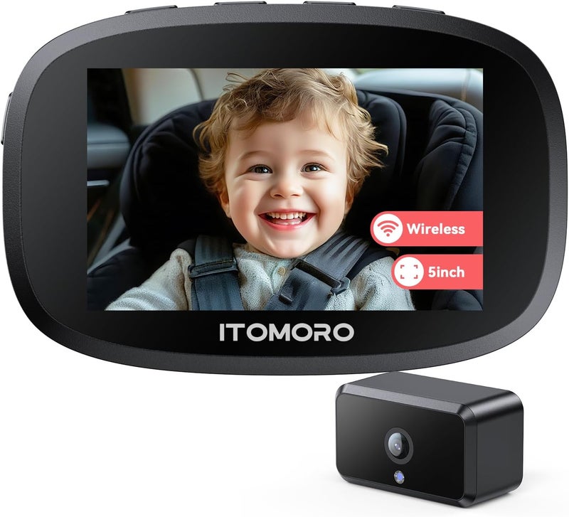 Itomoro Wireless Baby Car Camera Rechargeable Car Baby Monitor with 5 HD 1080P Night Vision Display Backseat Camera for Kids Max Range 1000FT Easy Installation 360 Rotatable Rear Facing Mirrors - Image 1
