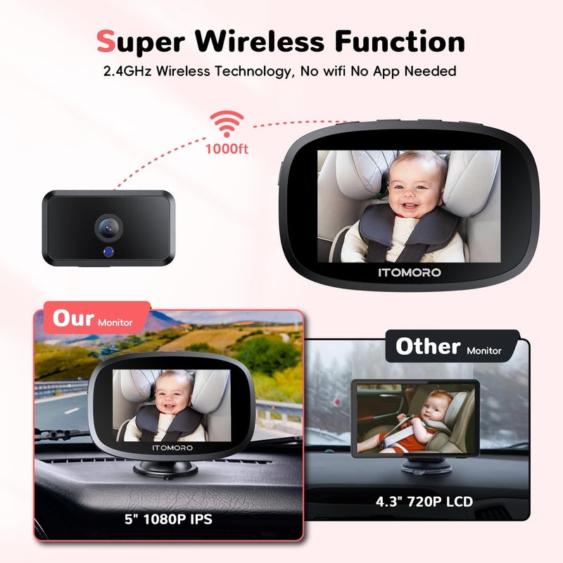 Itomoro Wireless Baby Car Camera Rechargeable Car Baby Monitor with 5 HD 1080P Night Vision Display Backseat Camera for Kids Max Range 1000FT Easy Installation 360 Rotatable Rear Facing Mirrors - Image 3