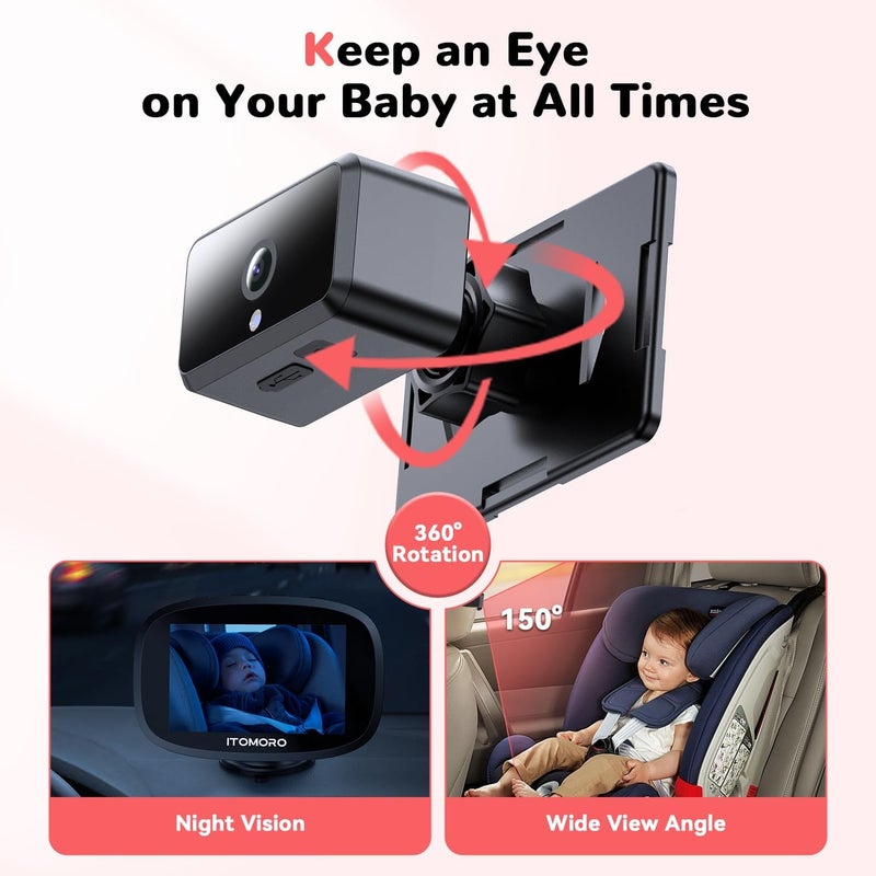 Itomoro Wireless Baby Car Camera Rechargeable Car Baby Monitor with 5 HD 1080P Night Vision Display Backseat Camera for Kids Max Range 1000FT Easy Installation 360 Rotatable Rear Facing Mirrors - Image 4