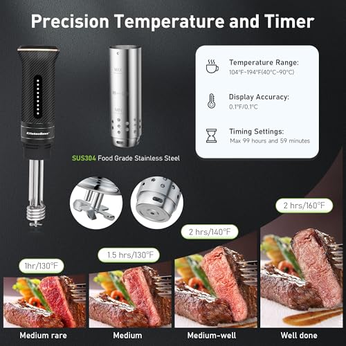 KitchenBoss Wifi Sous Vide Machine: Ultra-quiet Sous Vide Cooker Immersion Circulator APP Control, IPX7 Waterproof Stainless Steel 1100W Professional Sous Vide Precision Cooker, Black (G300PT) - Image 4