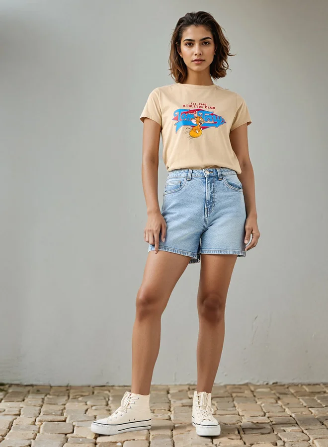 SP Characters Tom & Jerry Print Cropped T-shirt with Crew Neck