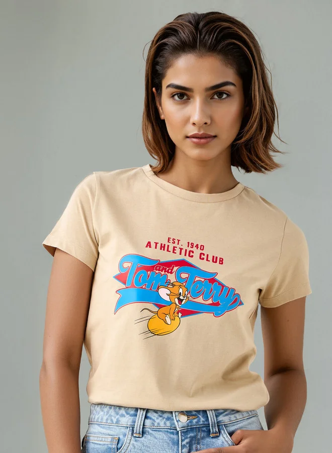 SP Characters Tom & Jerry Print Cropped T-shirt with Crew Neck