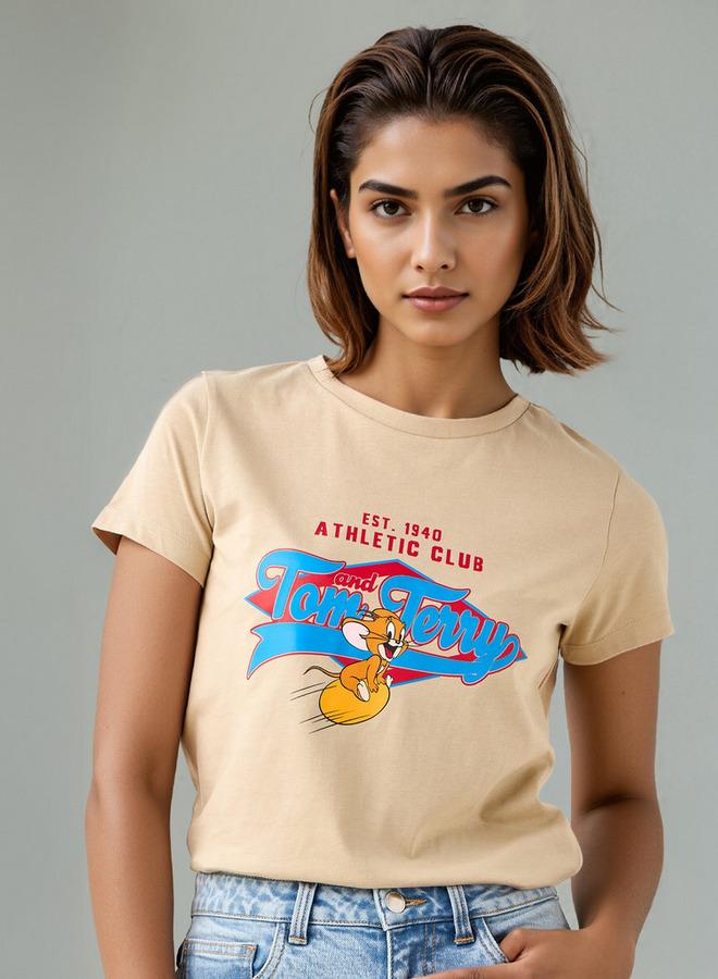 SP Characters Tom & Jerry Print Cropped Crew Neck T-shirt - Image 1