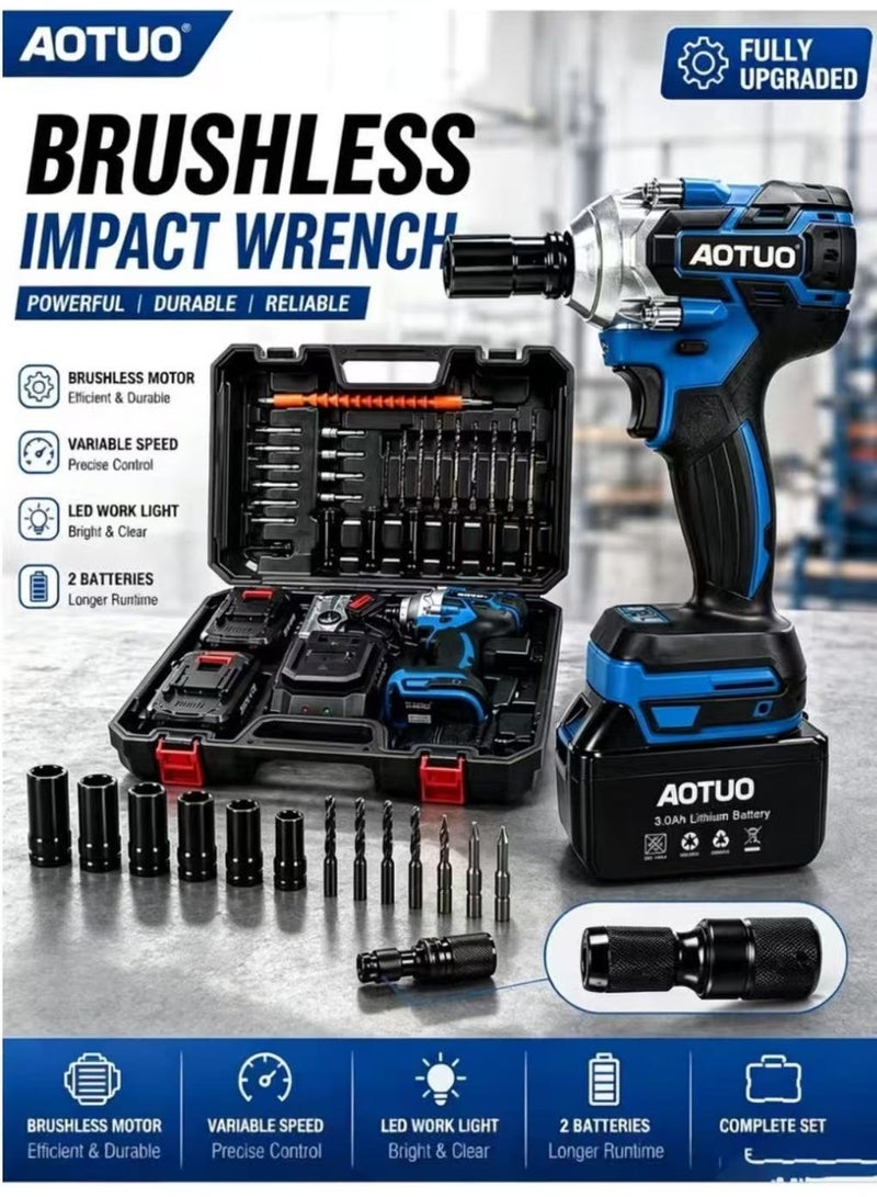 AOTUO 98V Brushless Lithium-Ion Impact Wrench Set with 2x 4.0Ah Batteries and Charger - Image 1