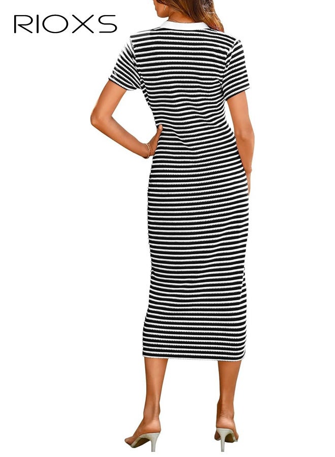 ريوكس فستان طويل نسائي بأكمام قصيرة ومضلع ومحبوك، فستان صيفي ضيق برقبة على شكل V وأزرار للسيدات، فستان ضيق ناعم ومسامي، مناسب للشاطئ والعطلات والحفلات والمواعيد والتسوق والمزيد - Image 2