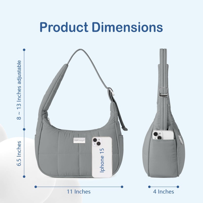 TOPDesign Quilted Puffer Shoulder Bag for Women, Trendy Lightweight Hobo Crescent Bag with Adjustable Strap (Grey) - Image 5