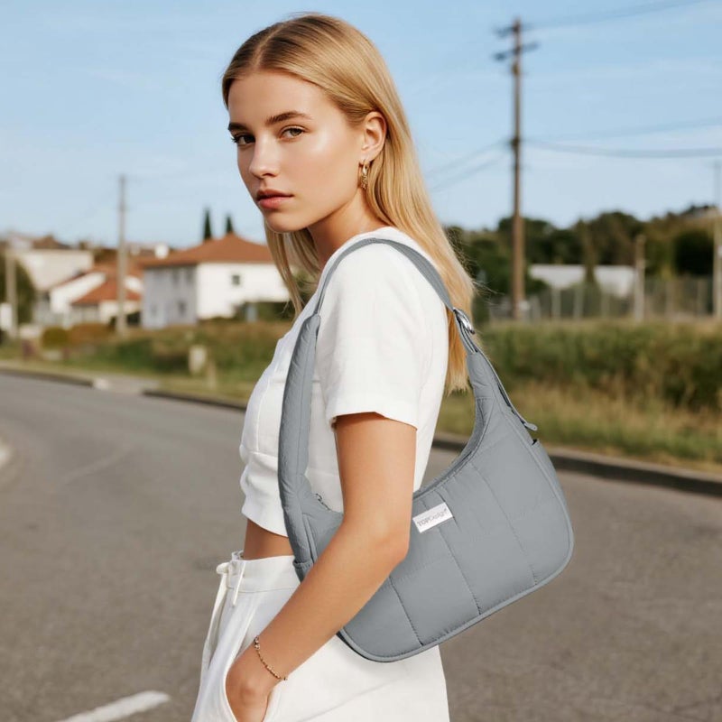 TOPDesign Quilted Puffer Shoulder Bag for Women, Trendy Lightweight Hobo Crescent Bag with Adjustable Strap (Grey) - Image 2