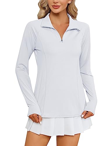LOMON Womens UPF 50 Sun Protection Hiking Shirts Quick Dry Long Sleeve Workout Golf Tops Lightweight Running PulloverWhiteL - Image 1