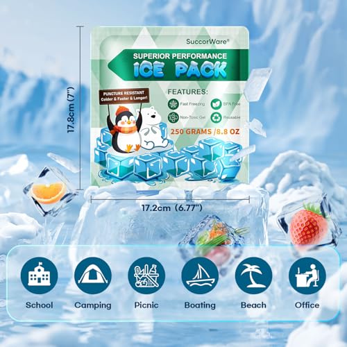 SuccorWare 5 Packs Reusable Ice Packs for Lunch Boxes - 12+ Hour Cooling Ice Gel Pack for Camping, Beach, Office - Ice Packs for Cooler Bag, Cooler Backpacks (250 Grams) - Image 2