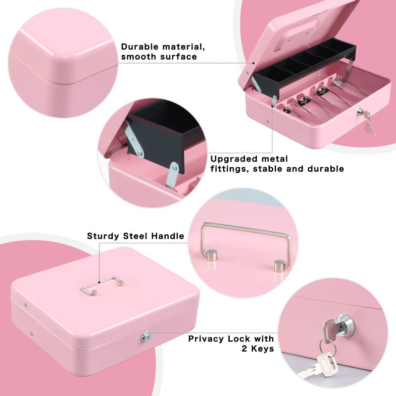 xydled Cash Box with Money Tray and Key Lock,Tiered, Cantilever Design,4 Bill / 5 Coin Slots,11.8" x 9.5" x 3.5",Pink - Image 2