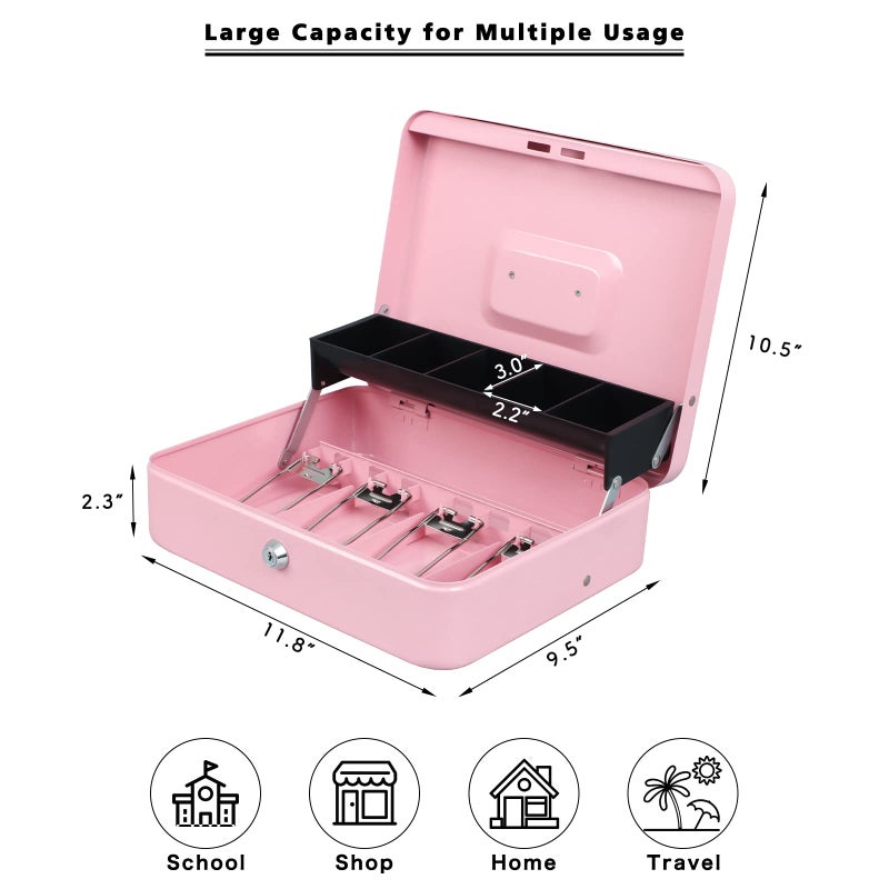 xydled Cash Box with Money Tray and Key Lock,Tiered, Cantilever Design,4 Bill / 5 Coin Slots,11.8" x 9.5" x 3.5",Pink - Image 3