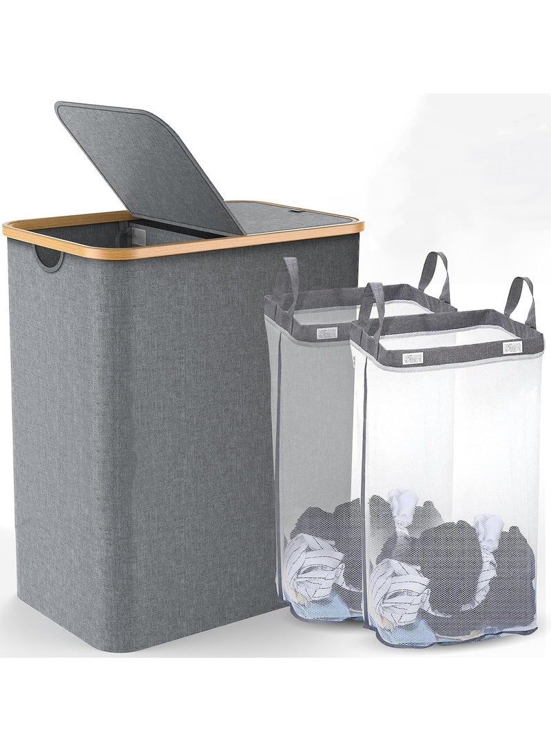 Double Laundry Basket with Lid, Divided Laundry Hamper with Removable Bags, 2 Section Clothes Basket with Handles, Foldable Laundry Bag for Bathroom, Bedroom (Grey, 150L)