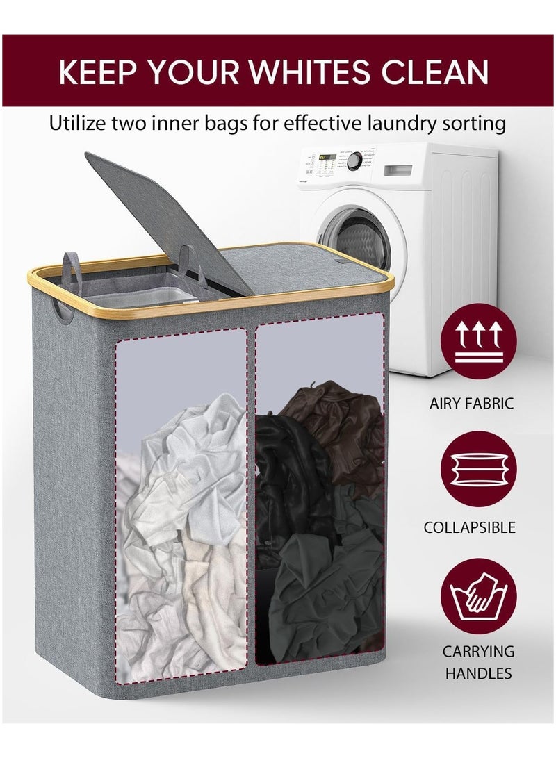 Double Laundry Basket with Lid, Divided Laundry Hamper with Removable Bags, 2 Section Clothes Basket with Handles, Foldable Laundry Bag for Bathroom, Bedroom (Grey, 150L)