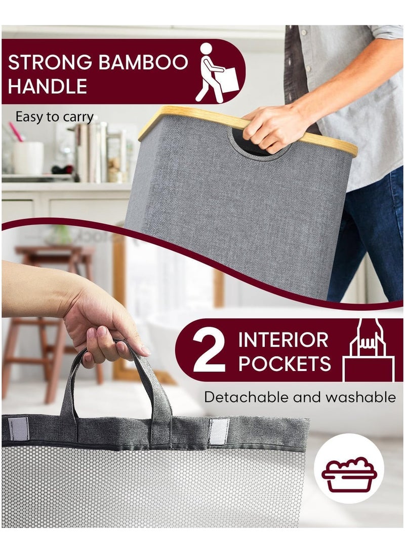 Double Laundry Basket with Lid, Divided Laundry Hamper with Removable Bags, 2 Section Clothes Basket with Handles, Foldable Laundry Bag for Bathroom, Bedroom (Grey, 150L)