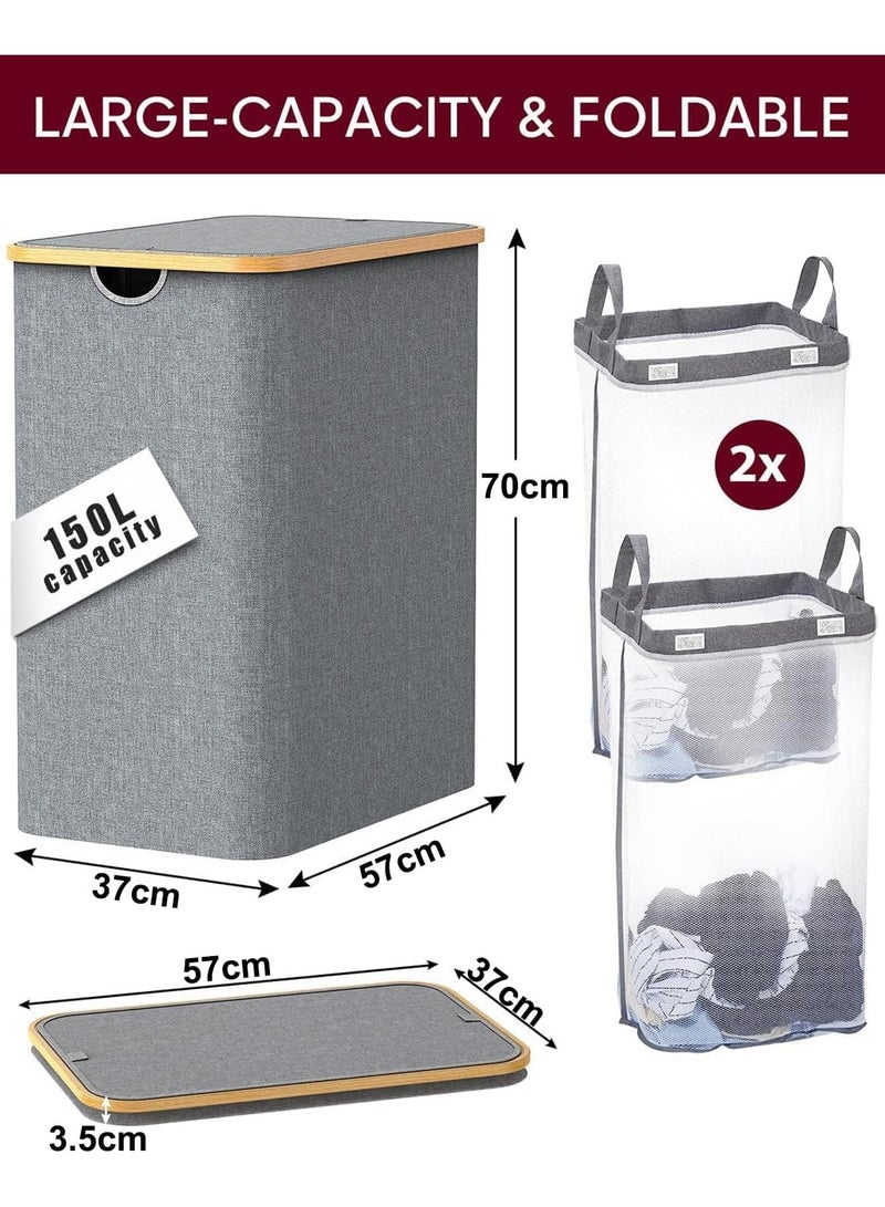 Double Laundry Basket with Lid, Divided Laundry Hamper with Removable Bags, 2 Section Clothes Basket with Handles, Foldable Laundry Bag for Bathroom, Bedroom (Grey, 150L)