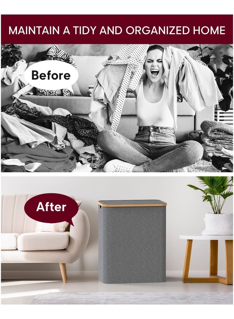 Double Laundry Basket with Lid, Divided Laundry Hamper with Removable Bags, 2 Section Clothes Basket with Handles, Foldable Laundry Bag for Bathroom, Bedroom (Grey, 150L)