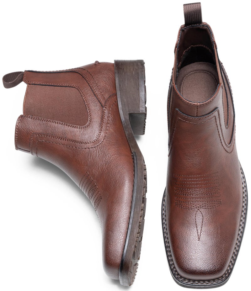 Jousen Cowboy Boots For Men Square Toe Chelsea Boots Men Classic Slip On Western Boots Ankle Casual Dress Boots(AMY8430 brown 10.5) - Image 5