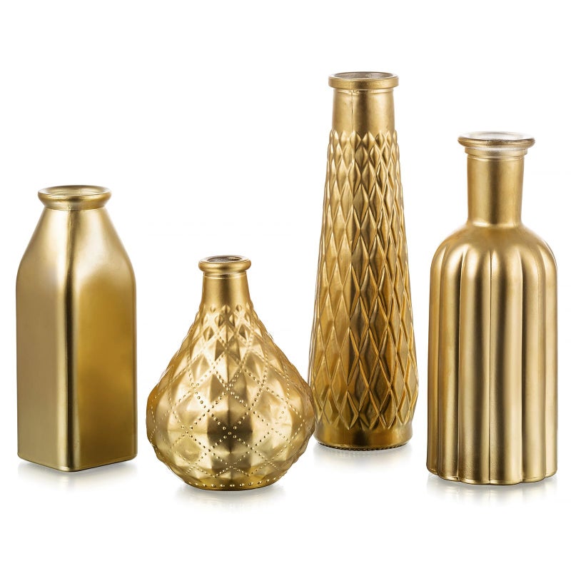 Glasseam Gold Vase for Flowers Small Glass Vases for Living Room Kitchen Table Centerpieces 4 Aesthetic Decorative Golden Modern Home Decor for Floral
