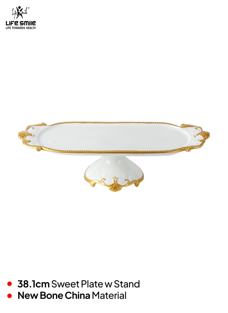 Life Smile LIFE SMILE White Cake Plate with Floral Gold Stand - Luxury Bone China Pastry & Dessert Server  - Image 2