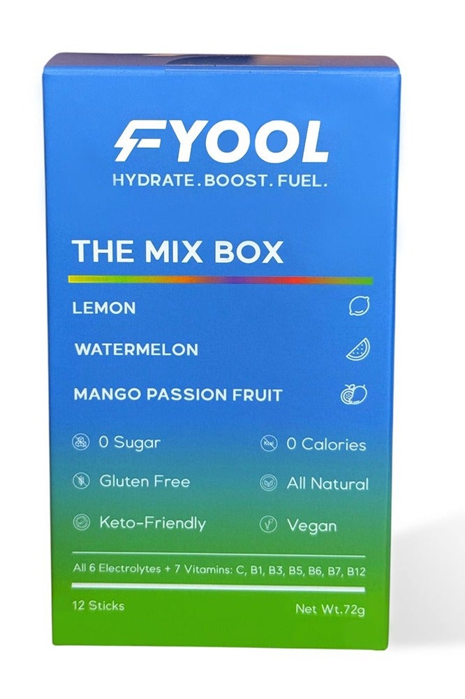 Fyool Electrolyte Powder Combo |  Lemon, Watermelon & Mango Passion Fruit | Zero Sugar |  Calories Electrolytes + Vitamins | Minerals Hydration & Energy Boost Vegan |  Gluten-Free |  Travel Essentials | 12 Stick Packs - Image 1