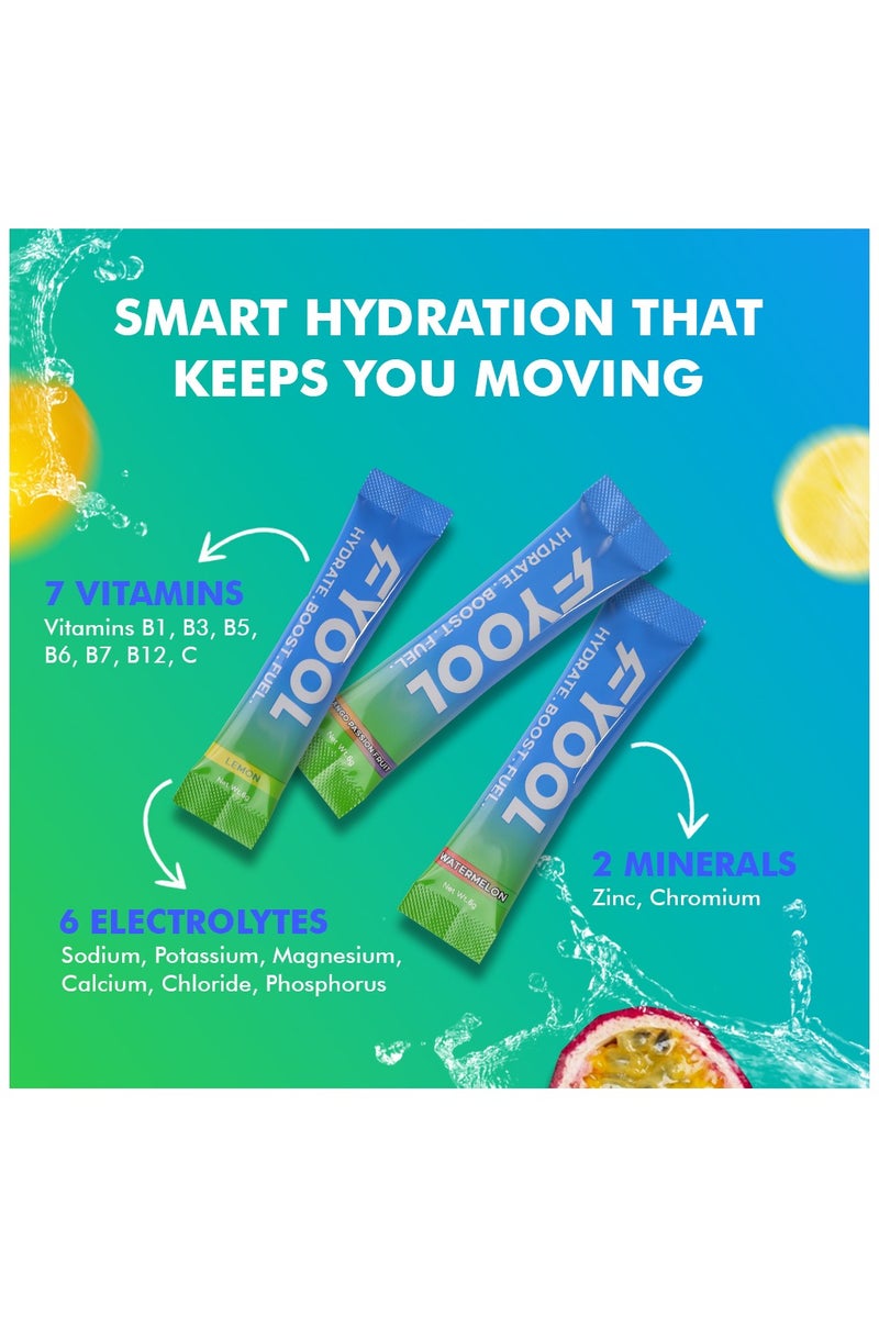Fyool Electrolyte Powder Combo |  Lemon, Watermelon & Mango Passion Fruit | Zero Sugar |  Calories Electrolytes + Vitamins | Minerals Hydration & Energy Boost Vegan |  Gluten-Free |  Travel Essentials | 12 Stick Packs - Image 5