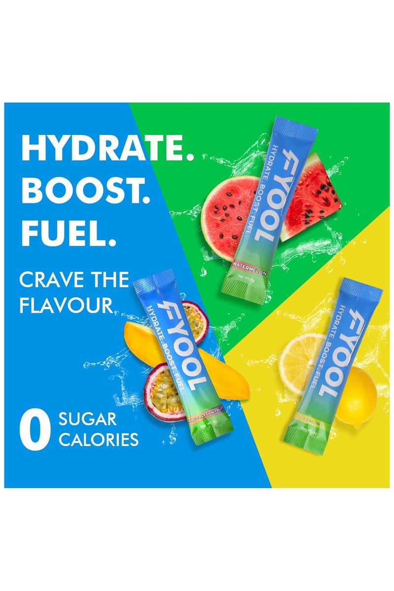 Fyool Electrolyte Powder Combo |  Lemon, Watermelon & Mango Passion Fruit | Zero Sugar |  Calories Electrolytes + Vitamins | Minerals Hydration & Energy Boost Vegan |  Gluten-Free |  Travel Essentials | 12 Stick Packs - Image 3