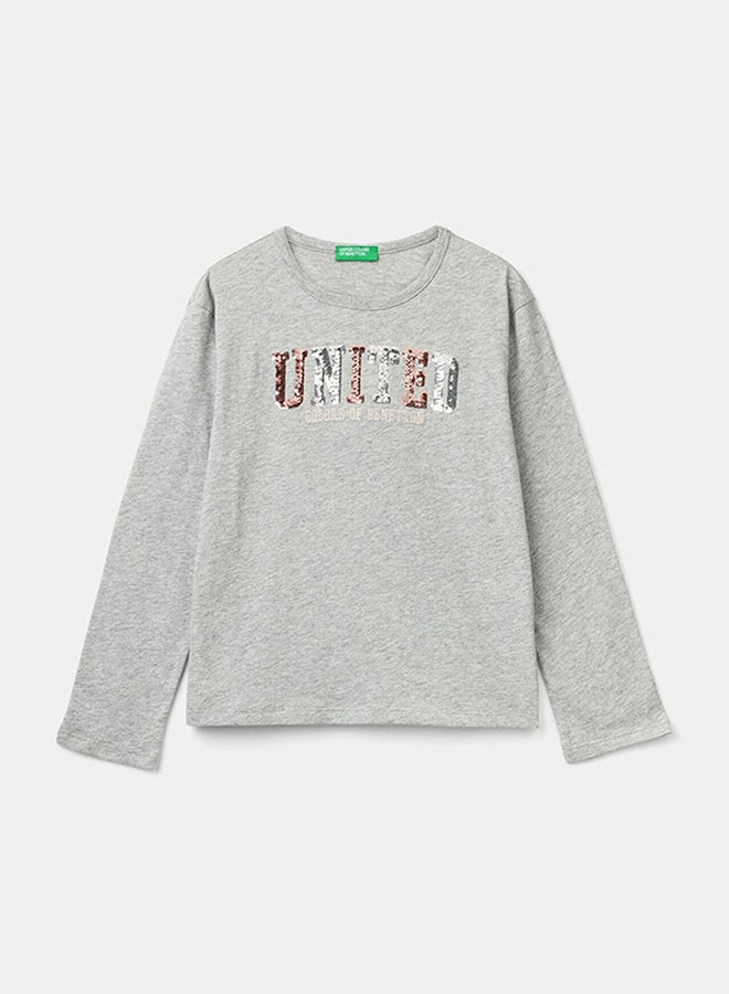 بينيتون تي شيرت بنات من القطن العضوي الدافئ مع الترتر - Image 1