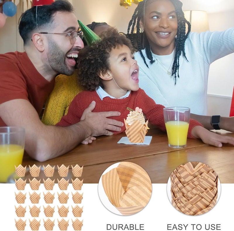 MAGICLULU أغطية كب كيك على شكل زهور 100 قطعة، أغلفة كب كيك ورقية مقاومة للحرارة وطاردة للزيت، بتصميم خطوط القهوة الفاتحة، أكواب خبز من الدرجة الغذائية للاستخدام المنزلي والحفلات. - Image 3
