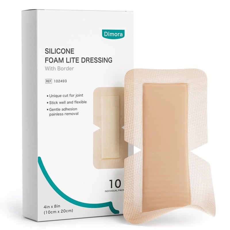 Dimora Silicone Foam Dressing with Border 4"X8" (10 Pack), Adhesive Large Bandages for Wound for Post Elbow Shoulder Knee Surgery Care - Image 1