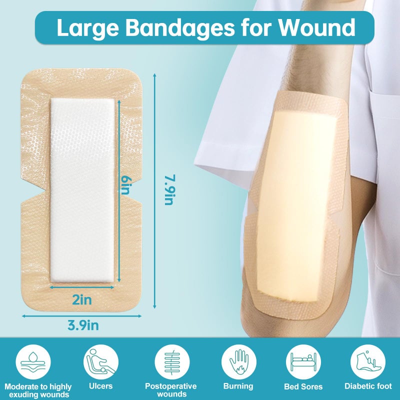 Dimora Silicone Foam Dressing with Border 4"X8" (10 Pack), Adhesive Large Bandages for Wound for Post Elbow Shoulder Knee Surgery Care - Image 3