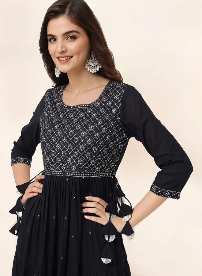 ISHIN Women's Black 100% Cotton Embroidered Knee Length Smock Straight Fit Dress