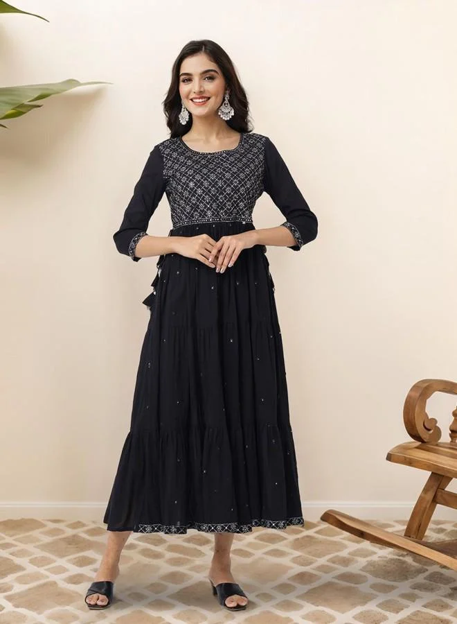 ISHIN Women's Black 100% Cotton Embroidered Knee Length Smock Straight Fit Dress