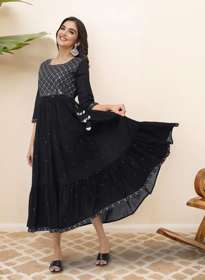 ISHIN Women's Black 100% Cotton Embroidered Knee Length Smock Straight Fit Dress