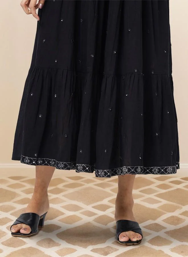 ISHIN Women's Black 100% Cotton Embroidered Knee Length Smock Straight Fit Dress