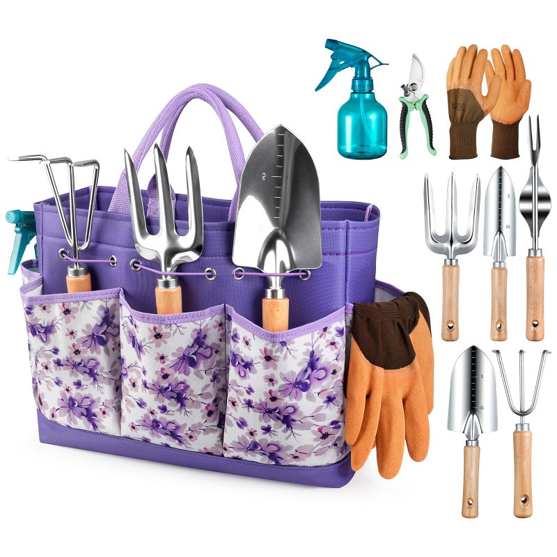 Grenebo Gardening Tools 9-Piece Heavy Duty Garden Hand Tools with Fashion and Durable Garden Tools Organizer Handbag, Rust-Proof Garden Tool Set, Ideal Gardening Gifts for Women (Purple) - Image 1