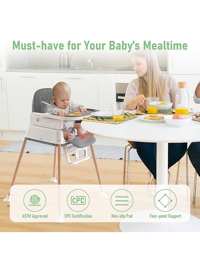 قبلة طفل 3 في 1 كرسي عالي قابل للتحويل للأطفال مع ارتفاع قابل للتعديل ، ومساندة القدم ، وصنية وحزام الأمان ، 6 أشهر إلى 4 سنوات ، رمادي - Image 3
