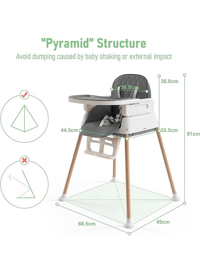 قبلة طفل 3 في 1 كرسي عالي قابل للتحويل للأطفال مع ارتفاع قابل للتعديل ، ومساندة القدم ، وصنية وحزام الأمان ، 6 أشهر إلى 4 سنوات ، رمادي - Image 2