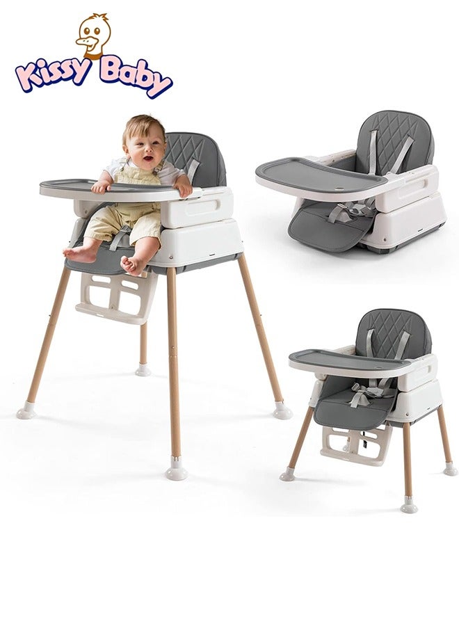 قبلة طفل 3 في 1 كرسي عالي قابل للتحويل للأطفال مع ارتفاع قابل للتعديل ، ومساندة القدم ، وصنية وحزام الأمان ، 6 أشهر إلى 4 سنوات ، رمادي - Image 1