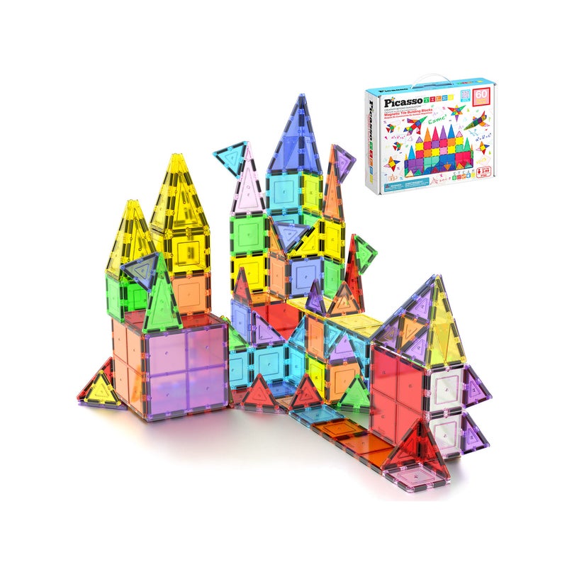 PicassoTiles مجموعة بلاطات بيكاسو المغناطيسية لبناء الكتل (60 قطعة) - Image 1