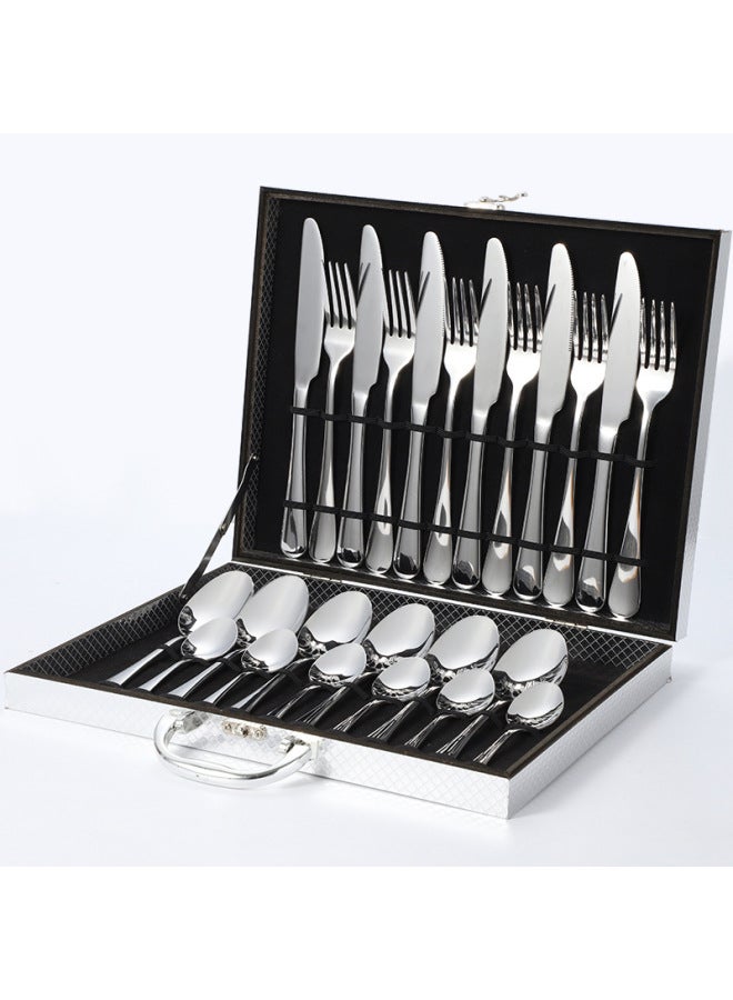 Stainless Steel 1010 Cutlery Set 24 Pieces Titanium Coated Western Dining Utensils Gift Box Set Export Gifts-Color:Original Steel Color 24 Piece Set-silver Box  - Image 1