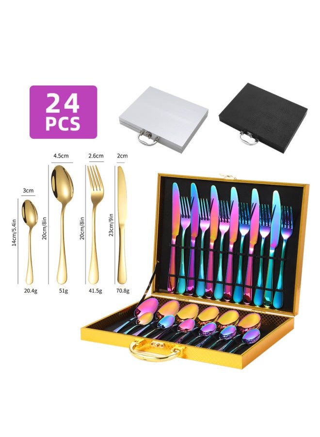 Stainless Steel 1010 Cutlery Set 24 Pieces Titanium Coated Western Dining Utensils Gift Box Set Export Gifts-Color:Original Steel Color 24 Piece Set-silver Box  - Image 2