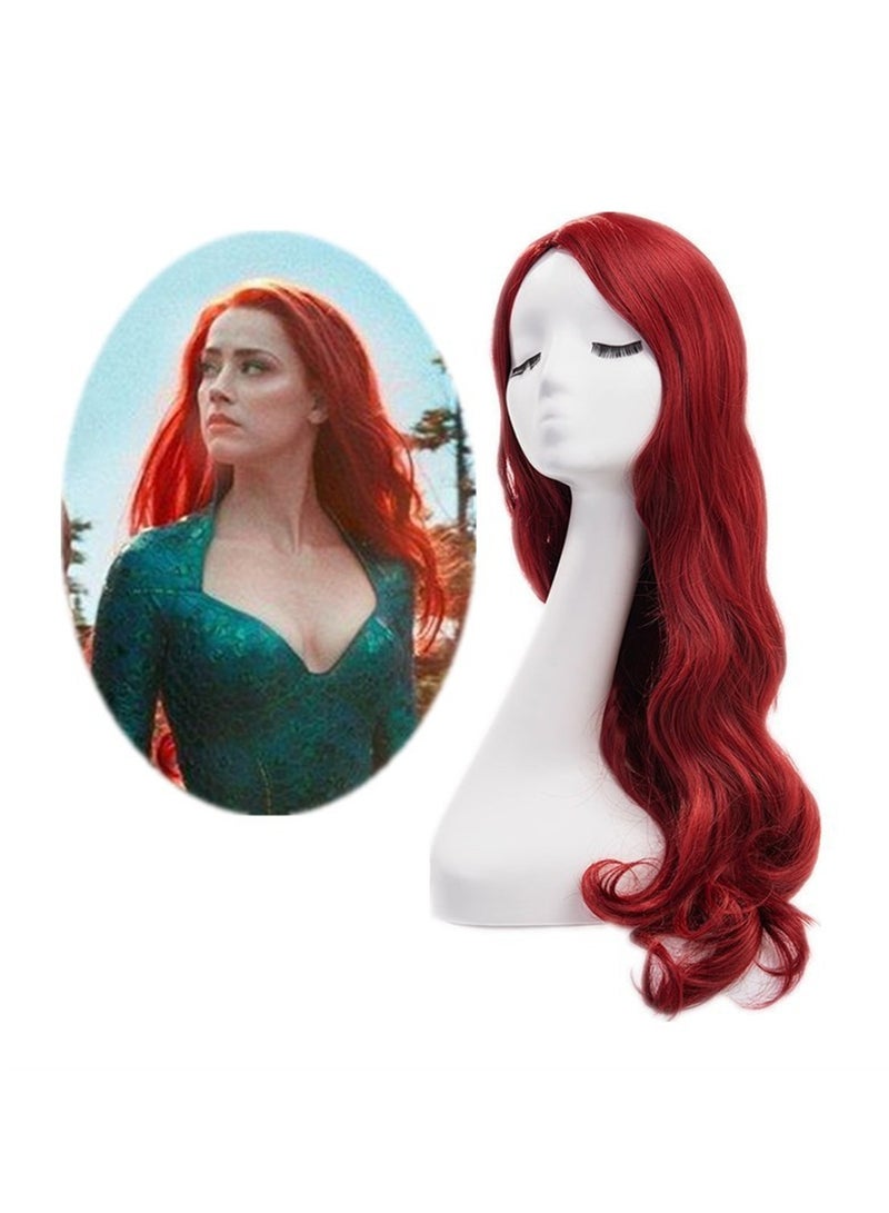 Movie Aquaman heroine Mera red side parted long curly hair cosplay wig costumes dress up wig - Image 2