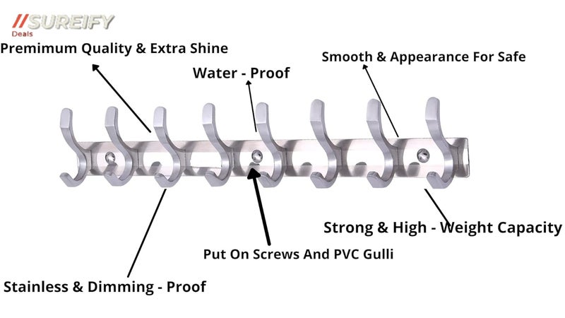 DHRUV Aluminium Stainless Steel Classic Glossy Duck Pronged 8 Pins Hook Rail Steel Pack of 2 - Image 4