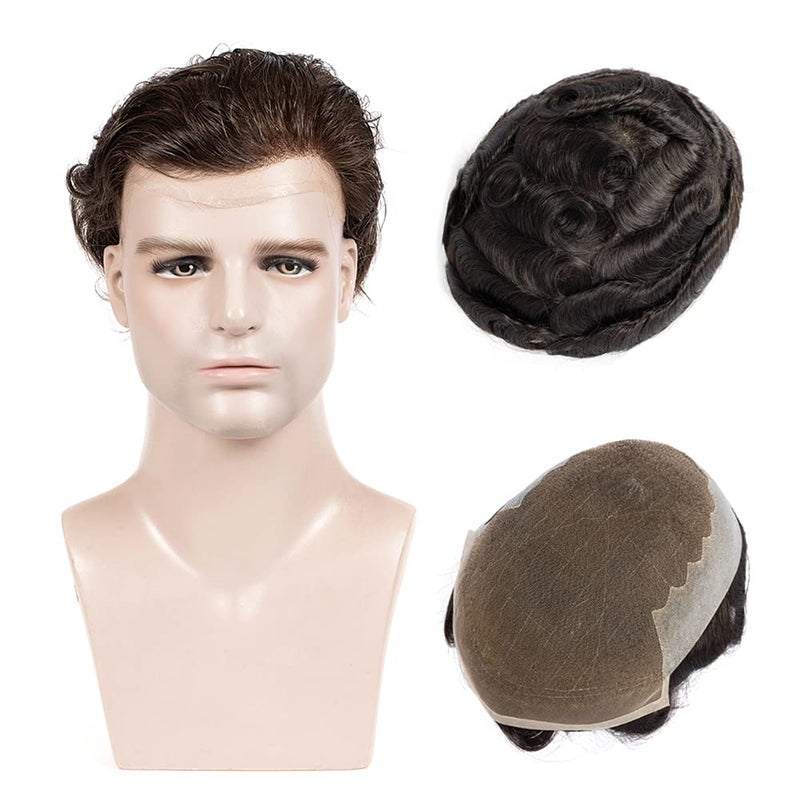 AmiableHair toupee for men hair piece for men Human Hair 8x10inch Soft French Lace Cap Base with 2inch Clearly PU in Back Men's Hairpiece Replacement System Natural Wave mens hair system (#2)