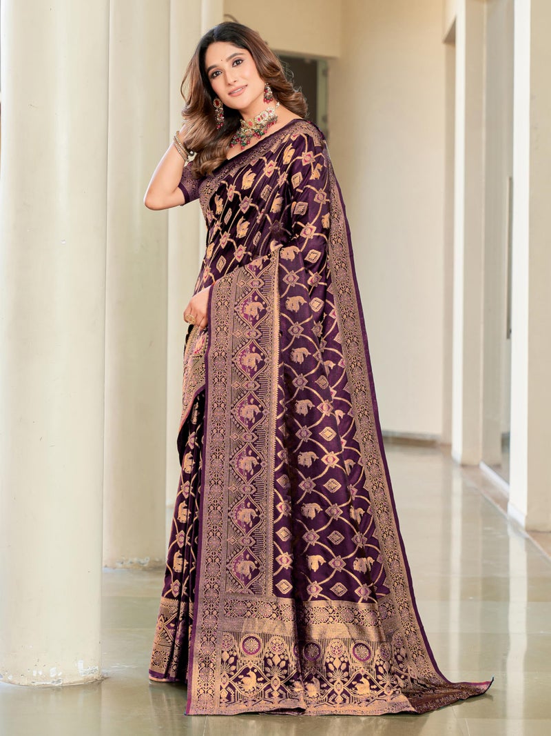 Glory Sarees Women's Pure Kanjivaram Soft Banarasi Original Satin Silk Saree Elegantly Crafted Graceful Wedding Design With Blouse Piece (Satin Silk102_wine) - Image 3